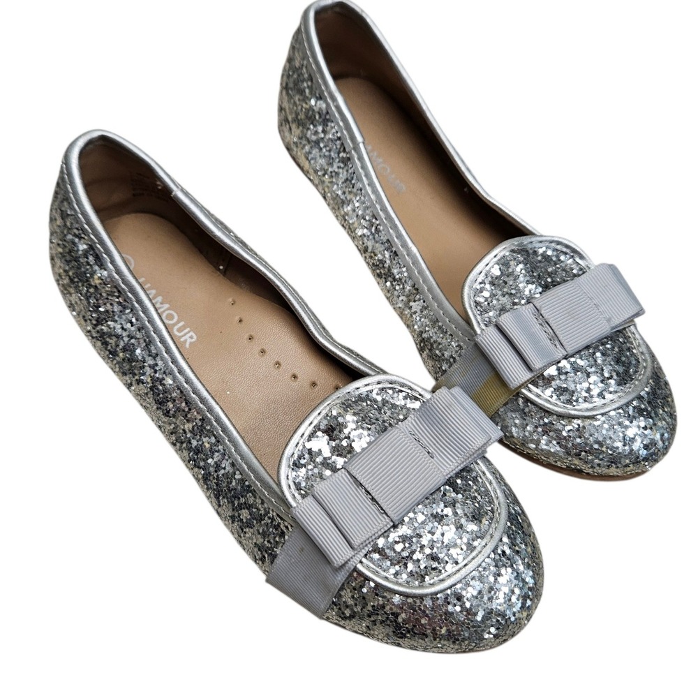 L'Amour Girls Silver Glitter Bow Flats Loafers Shoes Kids Size 11 Wedding School